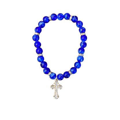 PULSEIRA PÉROLA AZUL CRUZ COM STRASS 08MM (03 UNIDADES)