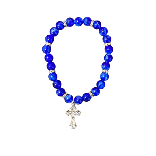 PULSEIRA PÉROLA AZUL CRUZ COM STRASS 08MM (03 UNIDADES)