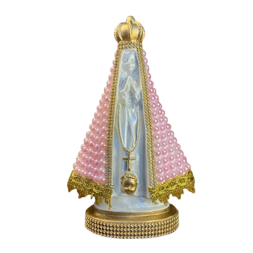 IMAGEM DE GESSO NOSSA SENHORA APARECIDA BRANCA BORDADA COM PÉROLA ROSA 22,5CM MOD 2 (1 UNIDADE)