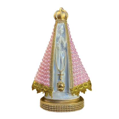 IMAGEM DE GESSO NOSSA SENHORA APARECIDA BRANCA BORDADA COM PÉROLA ROSA 22,5CM MOD 2 (1 UNIDADE)