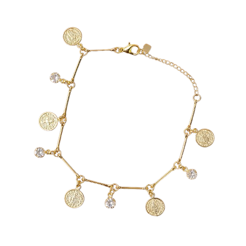 PULSEIRA DOURADA MEDALHAS DE  SÃO BENTO E PONTO DE LUZ  (3 UNIDADES)