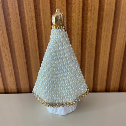 IMAGEM DE GESSO NOSSA SENHORA APARECIDA BRANCA COM PÉROLA E STRASS 14CM (1 UNIDADE)