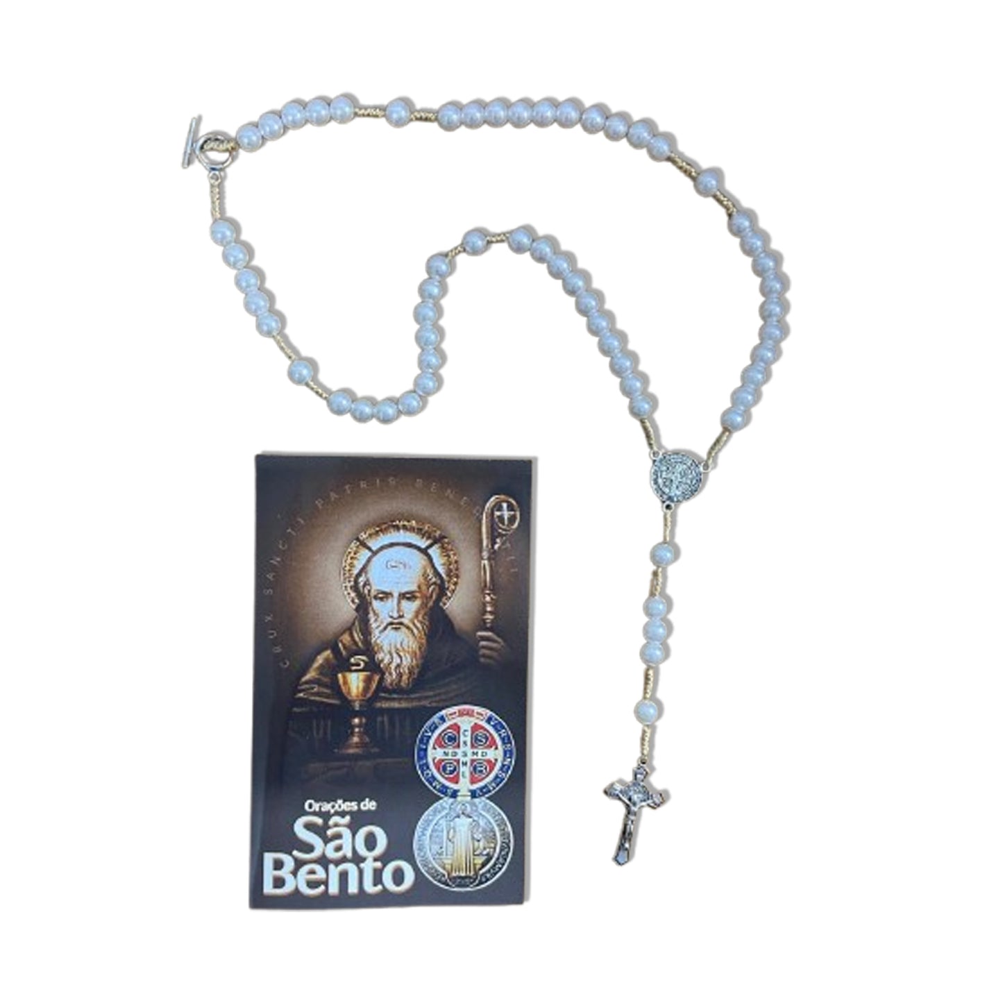 TERÇO PÉROLA MEDALHA SÃO BENTO 08MM  ( 1 UNIDADES)