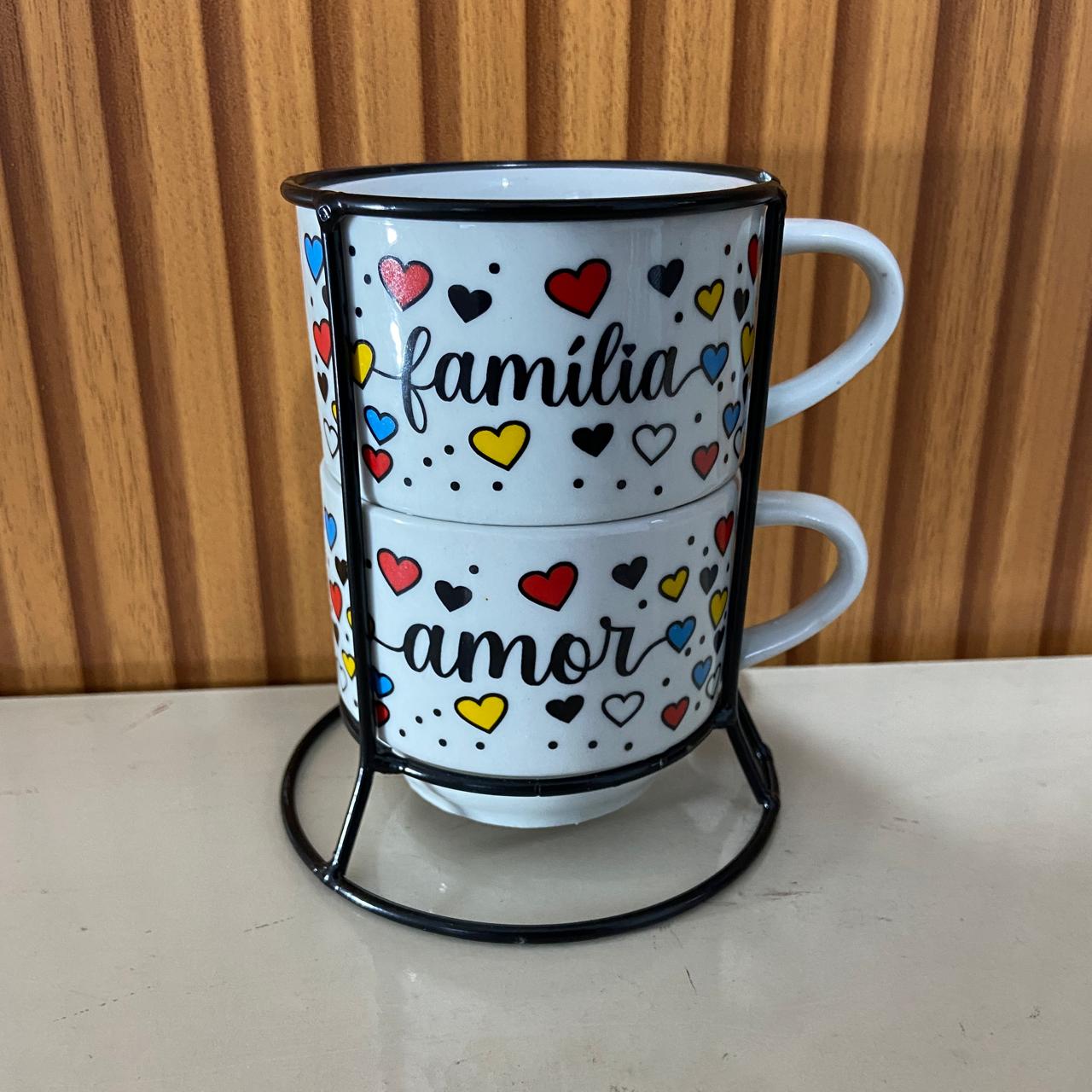 XÍCARA BRANCA EMPILHÁVEL FAMÍLIA E AMOR  ( 2 UNIDADES)