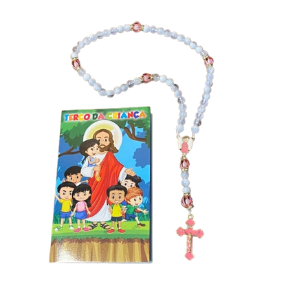 TERÇO PÉROLA  COM STRASS  ANJO DA GUARDA ROSA 08MM (1 UNIDADE)