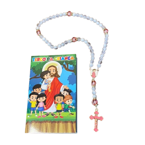 TERÇO PÉROLA  COM STRASS  ANJO DA GUARDA ROSA 08MM (1 UNIDADE)