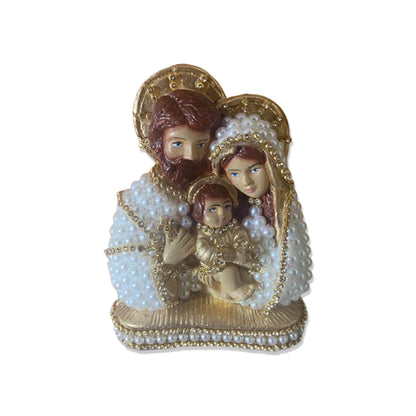 BUSTO DE GESSO SAGRADA FAMÍLIA BRANCO E DOURADO COM PÉROLA E STRASS 13CM MOD 1 (1 UNIDADE)