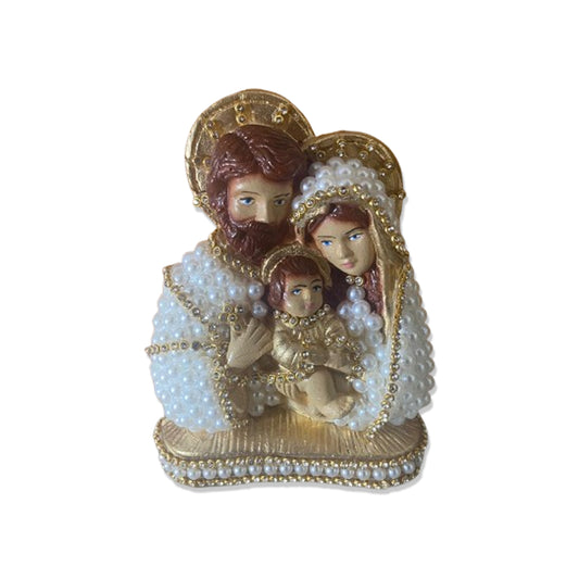 BUSTO DE GESSO SAGRADA FAMÍLIA BRANCO E DOURADO COM PÉROLA E STRASS 13CM MOD 1 (1 UNIDADE)
