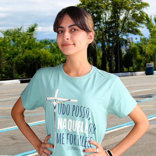 CAMISETA VERDE TUDO POSSO NAQUELE QUE ME FORTALECE TAMANHO PP (1 UNIDADE)