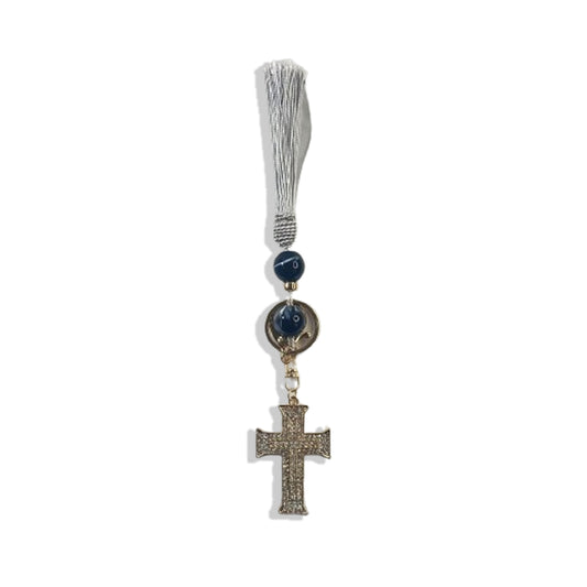 CHAVEIRO LUXO COM MOSQUETE CRUZ POMPOM CINZA (1 UNIDADE)