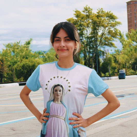 CAMISETA FEMININA AZUL NOSSA SENHORA RAINHA DA PAZ TAMANHO PP (1 UNIDADE)