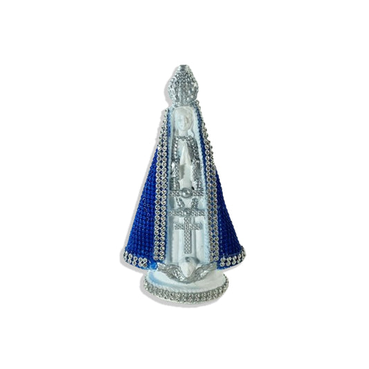 IMAGEM DE GESSO NOSSA SENHORA APARECIDA BRANCA E AZUL COM STRASS 14CM (1 UNIDADE)