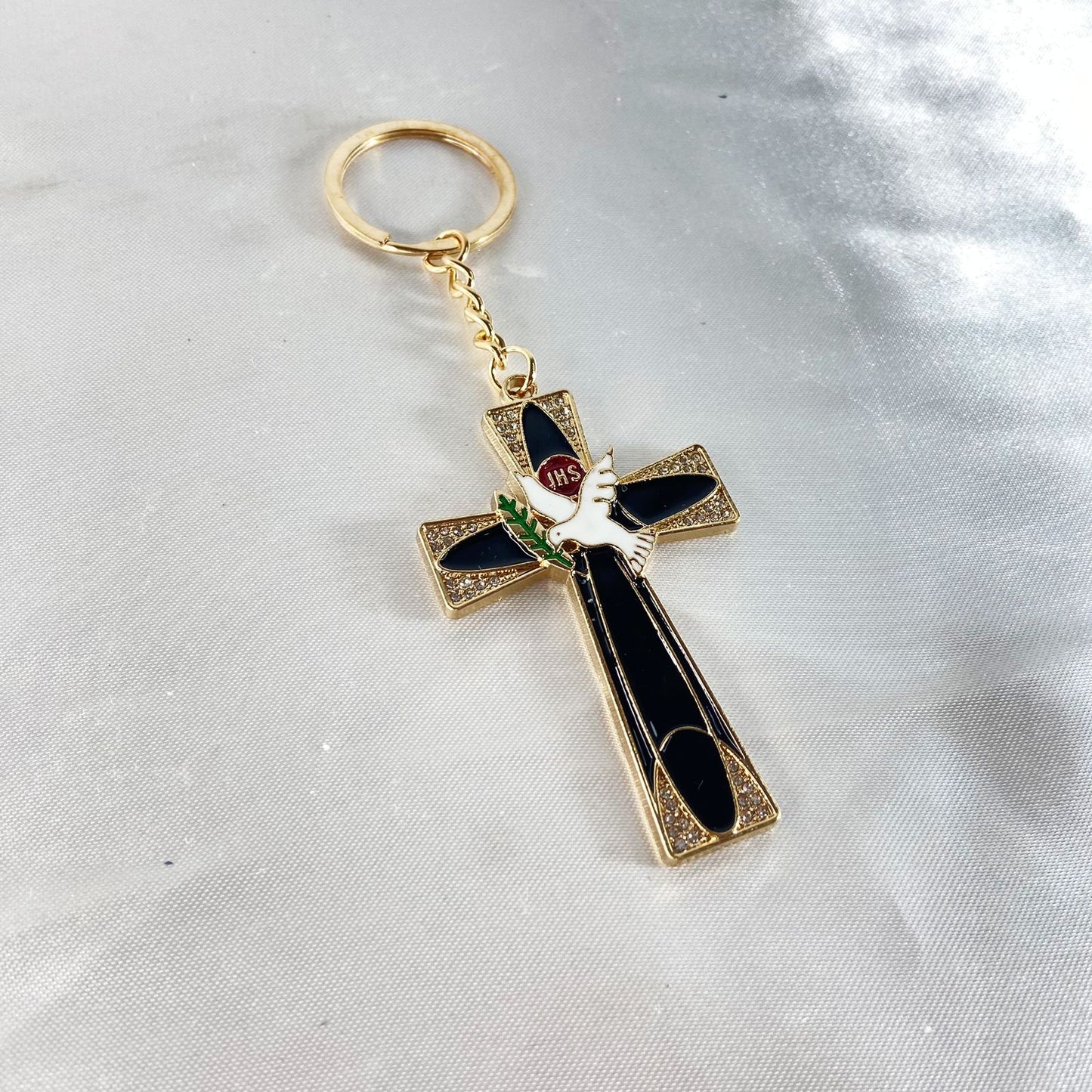 CHAVEIRO LUXO EUCARISTIA CRUCIFIXO PRETO COM STRASS (3 UNIDADES)