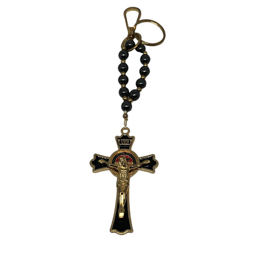 CHAVEIRO DEZENA HEMATITA COM MOSQUETE CRUCIFIXO PRETO (3 UNIDADES)