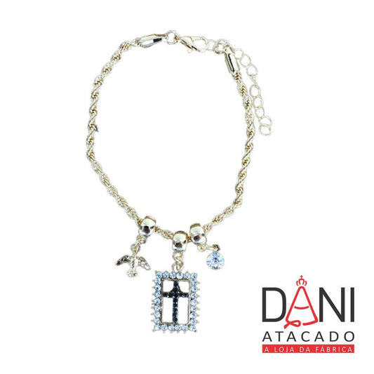 PULSEIRA DOURADA QUADRADO CRUZ COM STRASS (6 UNIDADES)