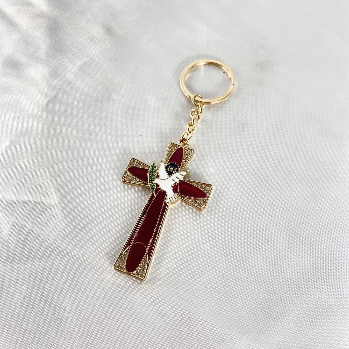 CHAVEIRO LUXO EUCARISTIA CRUCIFIXO VERMELHO COM STRASS (3 UNIDADES)