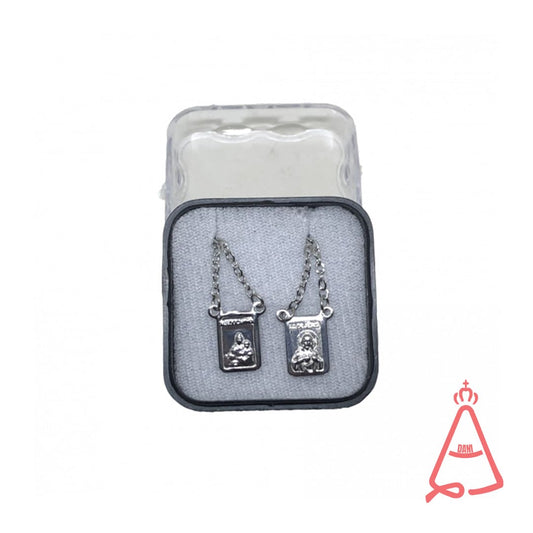 ESCAPULÁRIO DE INOX QUADRADO DETALHADO M SAGRADO CORAÇÃO DE JESUS E NOSSA SENHORA DO CARMO (6 UNIDADES)