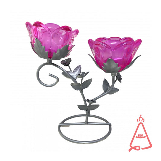 CASTIÇAL DE VIDRO DUPLO FORMATO DE ROSA COR ROSA (1 UNIDADE)