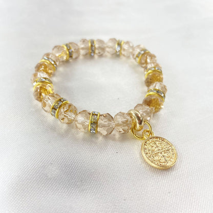 PULSEIRA CRISTAL MEDALHA SÃO BENTO CREME ( 3 UNIDADES)