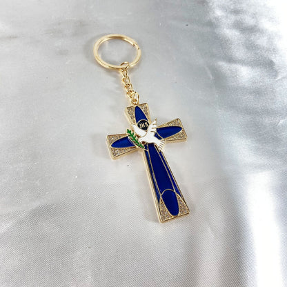 CHAVEIRO LUXO EUCARISTIA CRUCIFIXO AZUL COM STRASS (3 UNIDADES)
