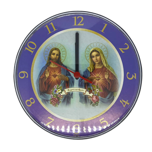 RELÓGIO ACRÍLICO SAGRADO CORAÇÃO DE JESUS E IMACULADO CORAÇÃO DE MARIA 23CM (1 UNIDADE)