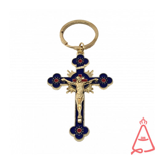 CHAVEIRO DOURADO CRUCIFIXO AZUL (3 UNIDADES)