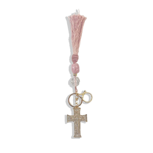 CHAVEIRO LUXO COM MOSQUETE CRUZ POMPOM ROSE (1 UNIDADE)