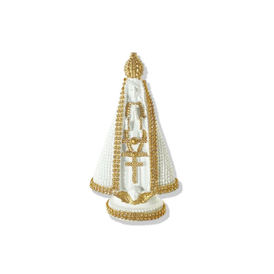 IMAGEM DE GESSO NOSSA SENHORA APARECIDA BRANCA E DOURADA COM STRASS 15CM (1 UNIDADE)
