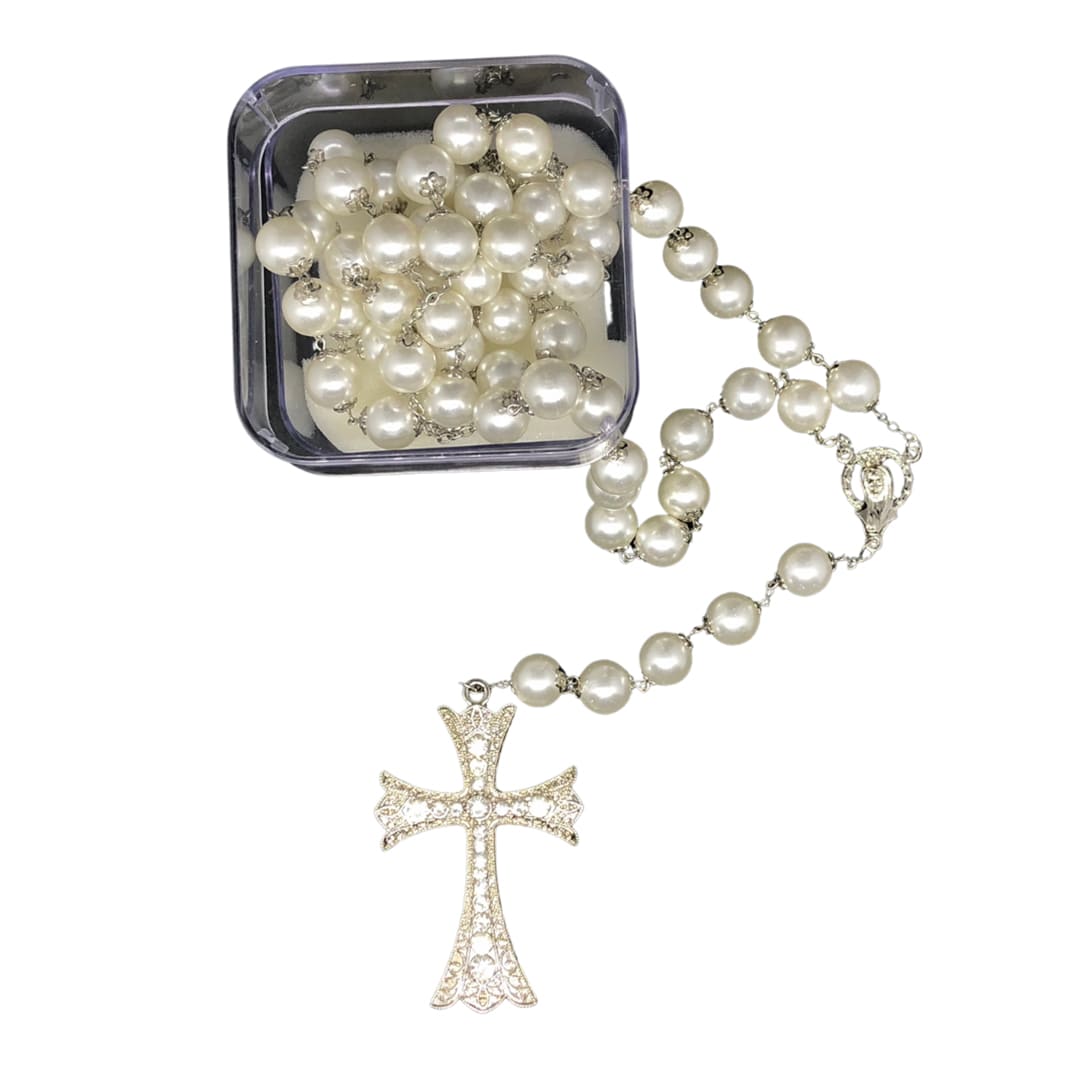TERÇO PÉROLA DE NOIVA COR PRATA FACE DE MARIA 10MM (1 UNIDADE)