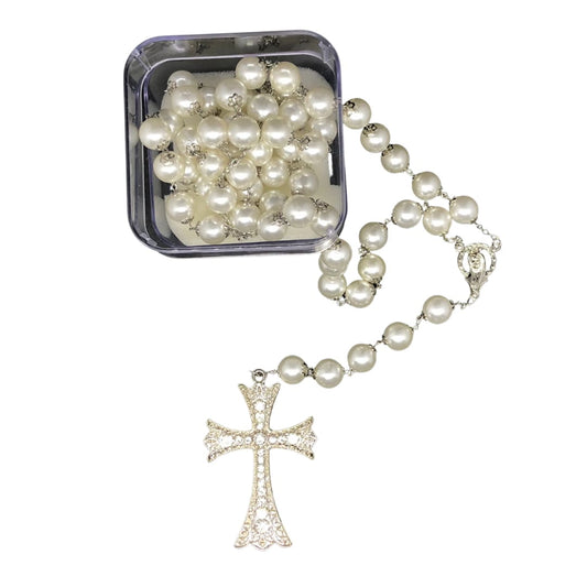 TERÇO PÉROLA DE NOIVA COR PRATA FACE DE MARIA 10MM (1 UNIDADE)