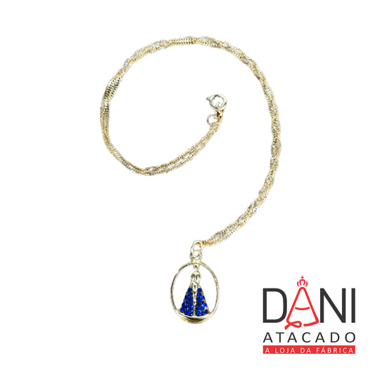 CORRENTE DOURADA NOSSA SENHORA APARECIDA OVAL COM STRASS AZUL (1 UNIDADE)