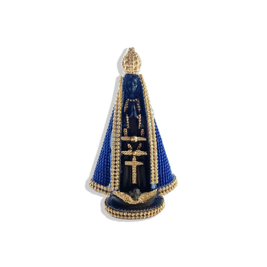 IMAGEM DE GESSO NOSSA SENHORA APARECIDA AZUL E DOURADA COM STRASS 15CM (1 UNIDADE)