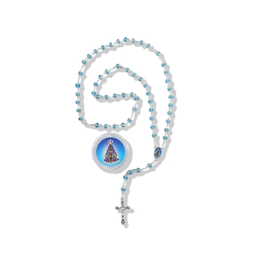 TERÇO CRISTAL TULIPA NOSSA SENHORA APARECIDA RESINADO AZUL 8MM  (1 UNIDADE)