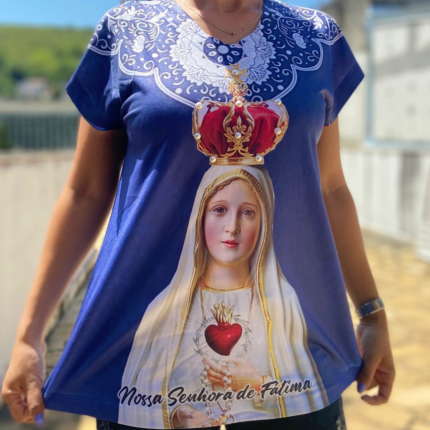 CAMISETA RELIGIOSA NOSSA SENHORA DE FÁTIMA AZUL MOD2 TAMANHO:GG (1 UNIDADE)