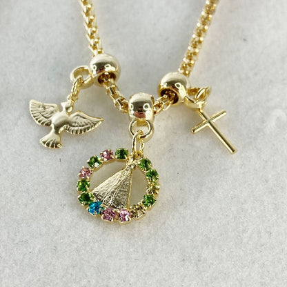 PULSEIRA DOURADA REDONDO NOSSA SENHORA APARECIDA COM STRASS CORES SORTIDAS (6 UNIDADES)