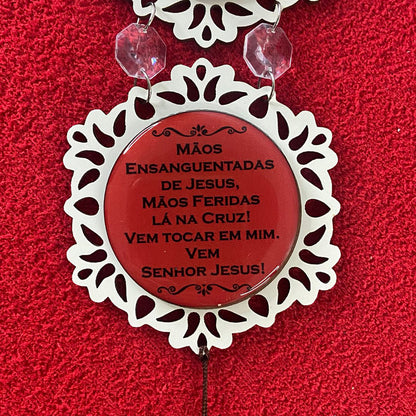 ADORNO TRIPLO REDONDO BRANCO MÃOS ENSANGUENTADAS DE JESUS (1 UNIDADE)