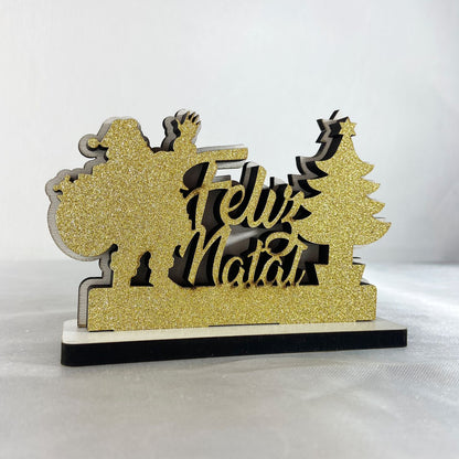 ENFEITE DE MESA MDF FELIZ NATAL DOURADO (1 UNIDADE)