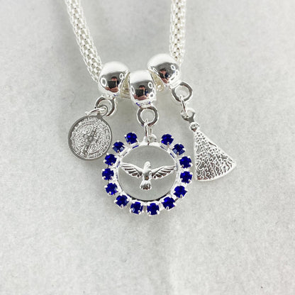 PULSEIRA NÍQUEL DIVINO ESPIRITO SANTO COM STRASS AZUL  (6 UNIDADES)
