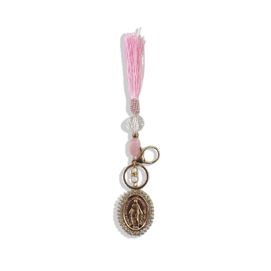 CHAVEIRO LUXO COM MOSQUETE NOSSA SENHORA DAS GRAÇAS COM POMPOM ROSA (1 UNIDADE)