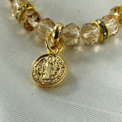 PULSEIRA CRISTAL MEDALHA SÃO BENTO CREME ( 3 UNIDADES)