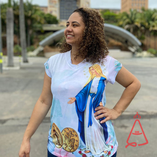 CAMISETA RELIGIOSA NOSSA SENHORA DAS GRAÇAS MEDALHA MILAGROSA TAMANHO:GG (1 UNIDADE)