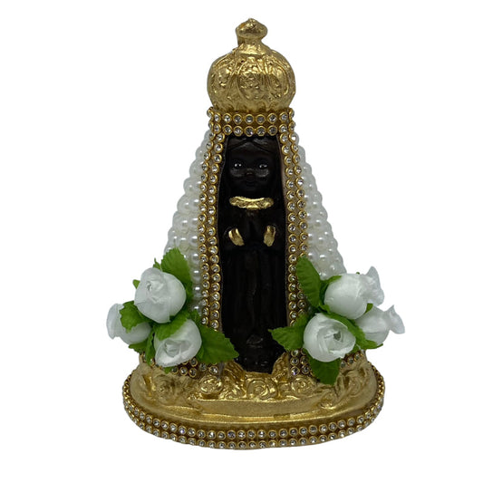 IMAGEM DE GESSO NOSSA SENHORA APARECIDA PÉROLA BRANCA COM FLORES 14CM (1 UNIDADE)