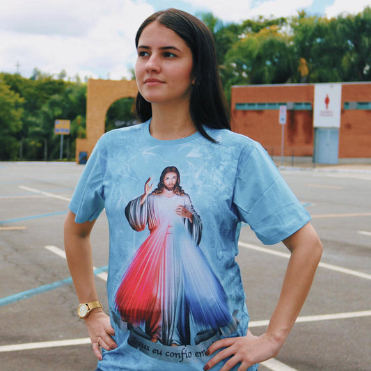 CAMISETA AZUL BEBÊ JESUS MISERICORDIOSO TAMANHO G  (1 UNIDADE)