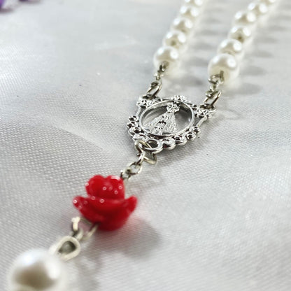 TERÇO NOSSA SENHORA APARECIDA PÉROLA ROSAS 6MM (12 UNIDADES)