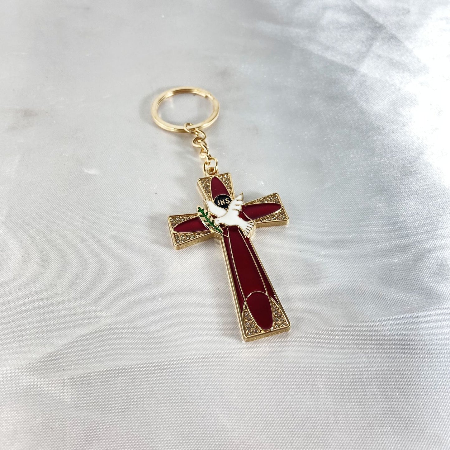 CHAVEIRO LUXO EUCARISTIA CRUCIFIXO VERMELHO COM STRASS (3 UNIDADES)