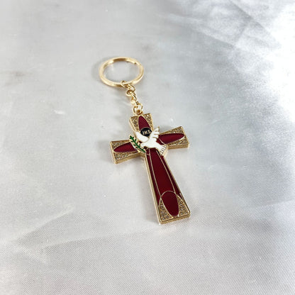 CHAVEIRO LUXO EUCARISTIA CRUCIFIXO VERMELHO COM STRASS (3 UNIDADES)