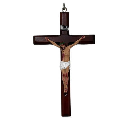 CRUCIFIXO MADEIRA DE PAREDE COM CRISTO DE RESINA NACIONAL 29CM (1 UNIDADE)