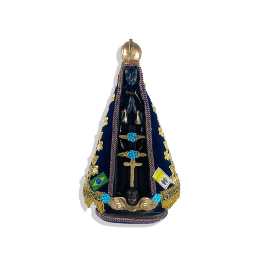 IMAGEM DE GESSO NOSSA SENHORA APARECIDA MANTO COM PÉROLA E STRASS AZUL 29CM (1 UNIDADE)