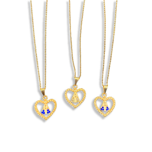 CORRENTE DOURADA CORAÇÃO VAZADO NOSSA SENHORA APARECIDA COM STRASS (3 UNIDADES)