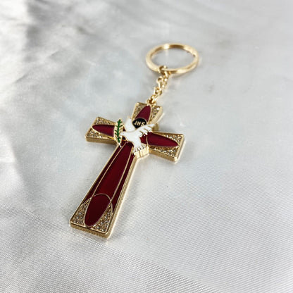 CHAVEIRO LUXO EUCARISTIA CRUCIFIXO VERMELHO COM STRASS (3 UNIDADES)